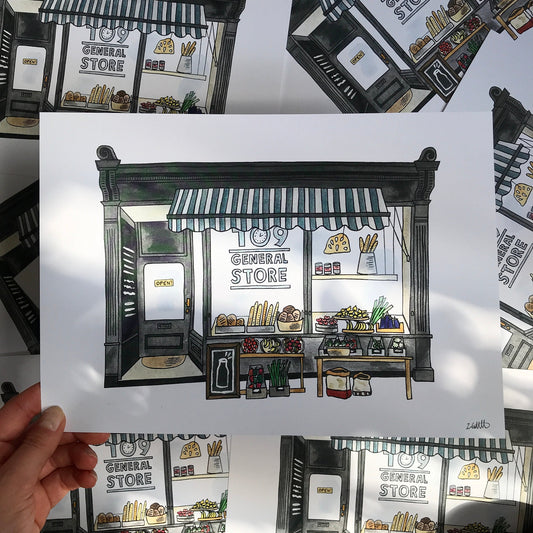 Illustration of a general store with a striped awning, held in front of more illustrations of the same design.