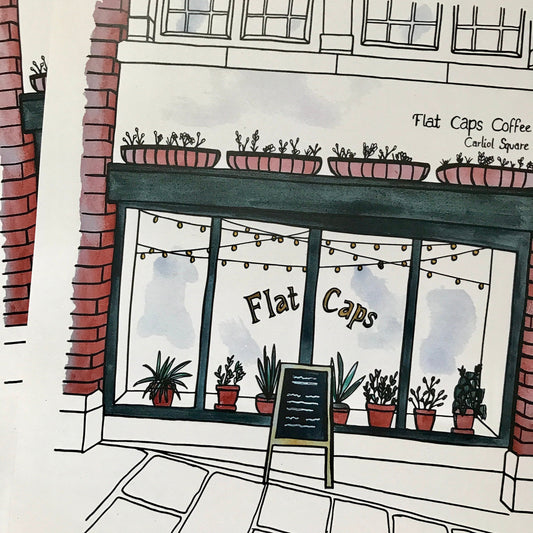 Illustration of a coffee shop named 'Flat Caps' with plants and a chalkboard sign.