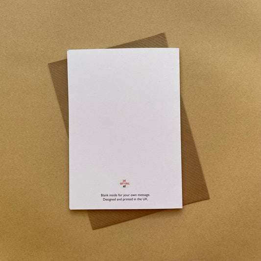 White card with text on a brown background