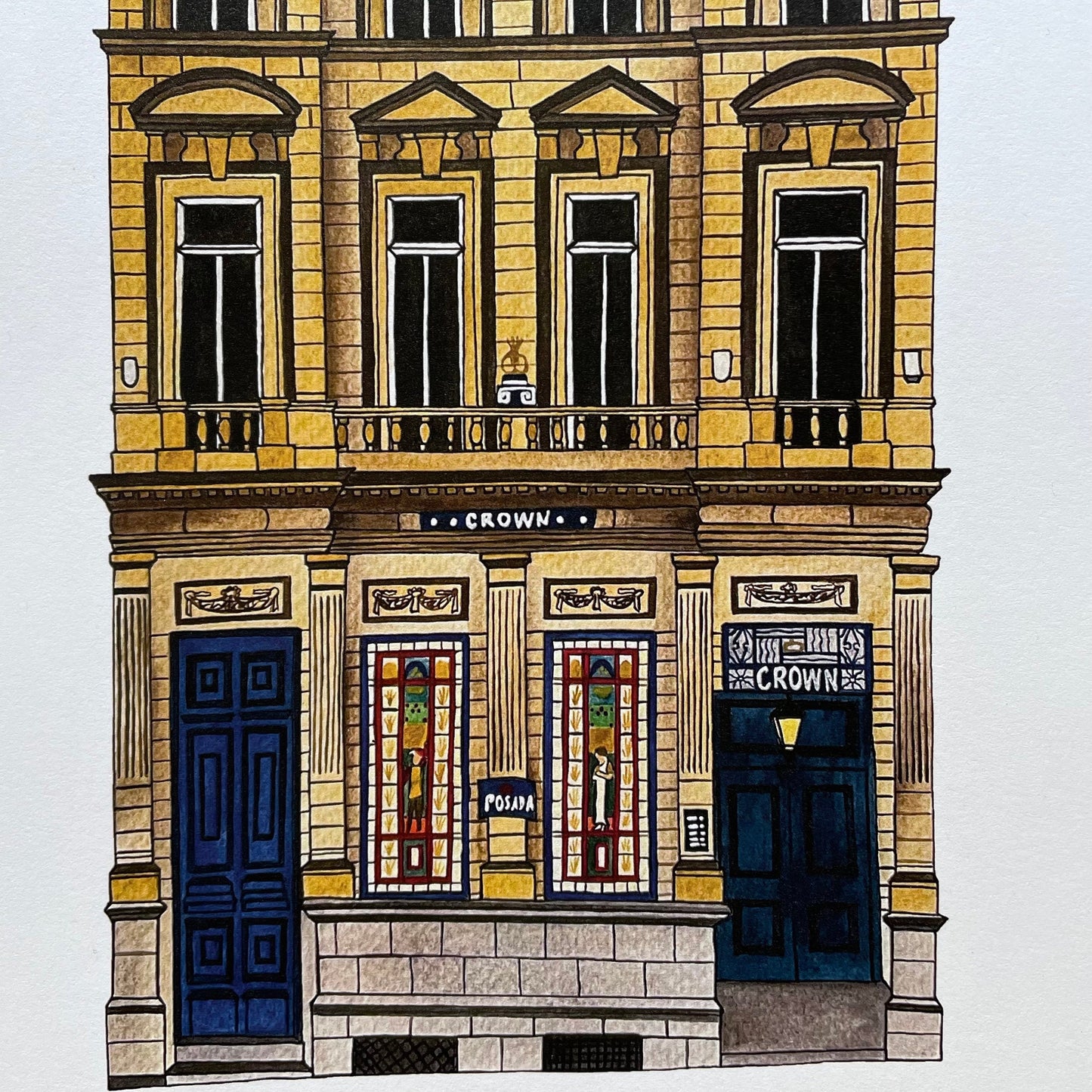 Illustration of a building facade with 'The Crown' sign