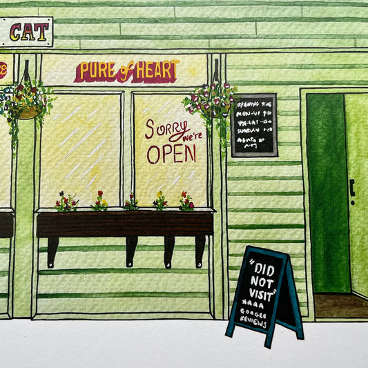 Watercolour illustration of The Mean Eyed Cat Newcastle upon tyne with 'Sorry, we're open" sign