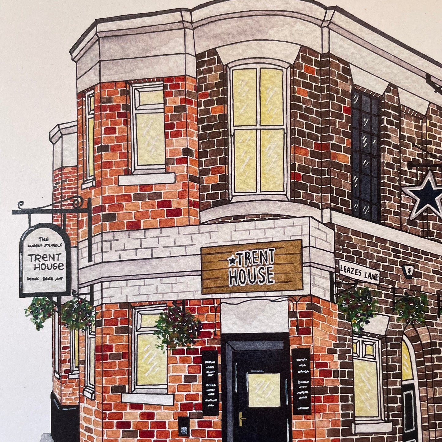 A hand-drawn illustration of a brick building facade with windows, hanging signs including 'The Trent House' and 'Trent House', and a street sign reading 'Leaves Lane'.