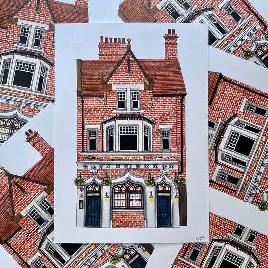 Illustration of a red brick pub with white trim on a light blue background, surrounded by additional house illustrations.