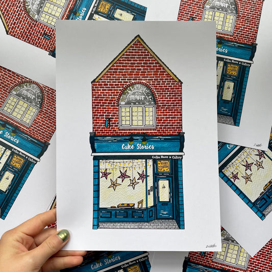 Illustration of cake stories jesmond shop with stained glass window held by a hand, surrounded by similar illustrations