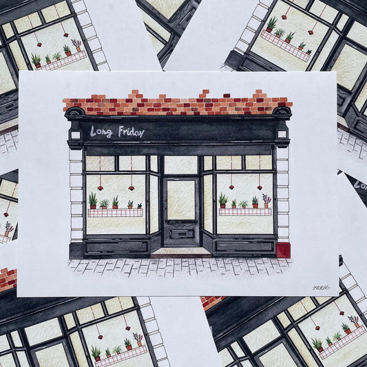 Illustration of a store front with 'Long Friday' on a white card, surrounded by similar illustrations.