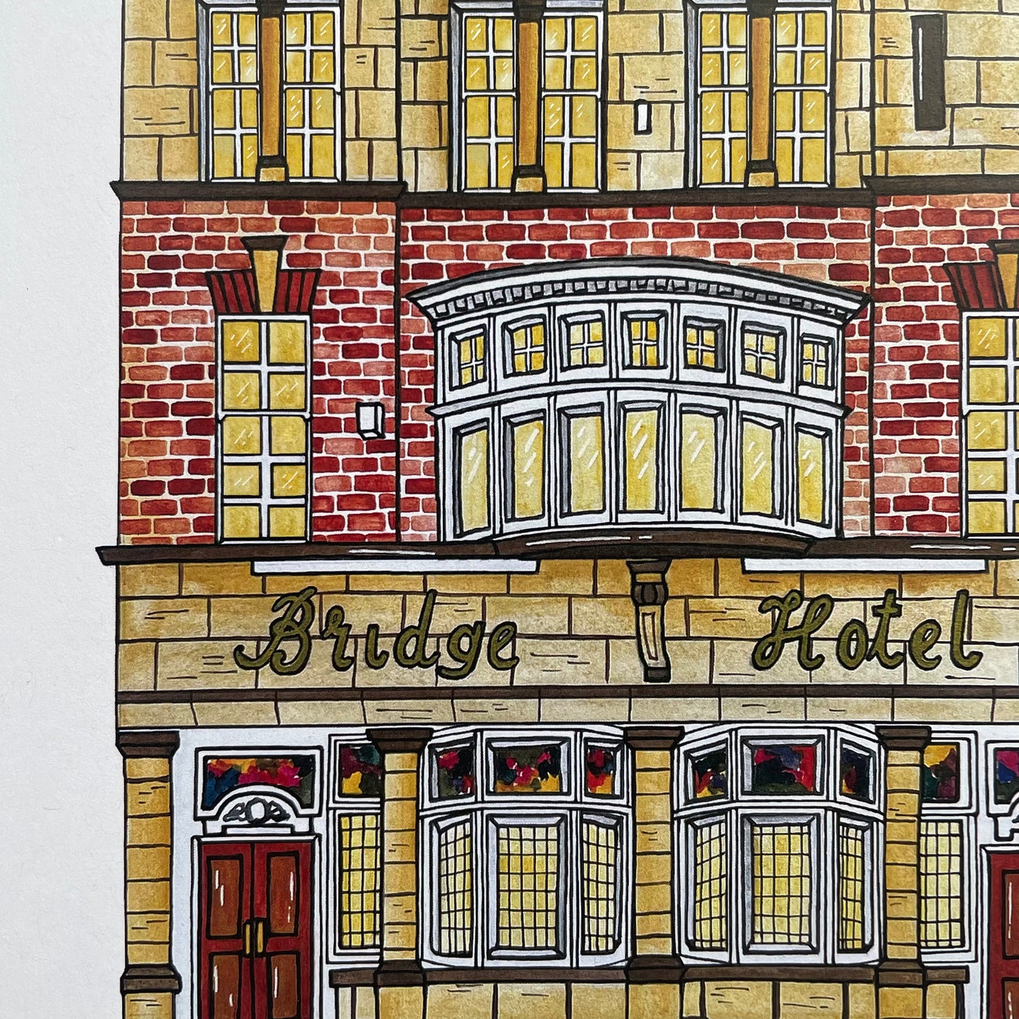 Illustration of a building facade with 'Bridge Hotel' sign