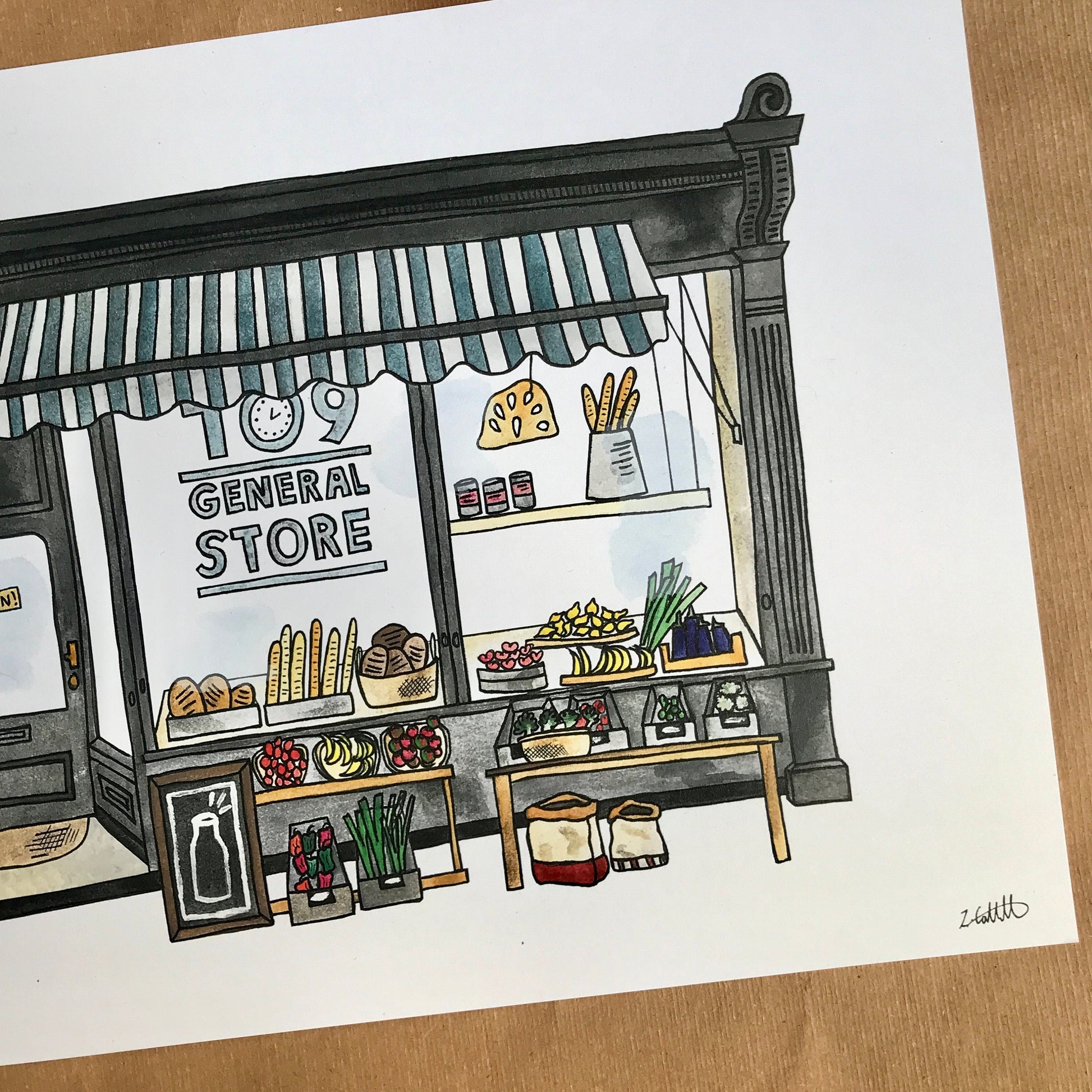 Illustration of a general store with a striped awning on a white background