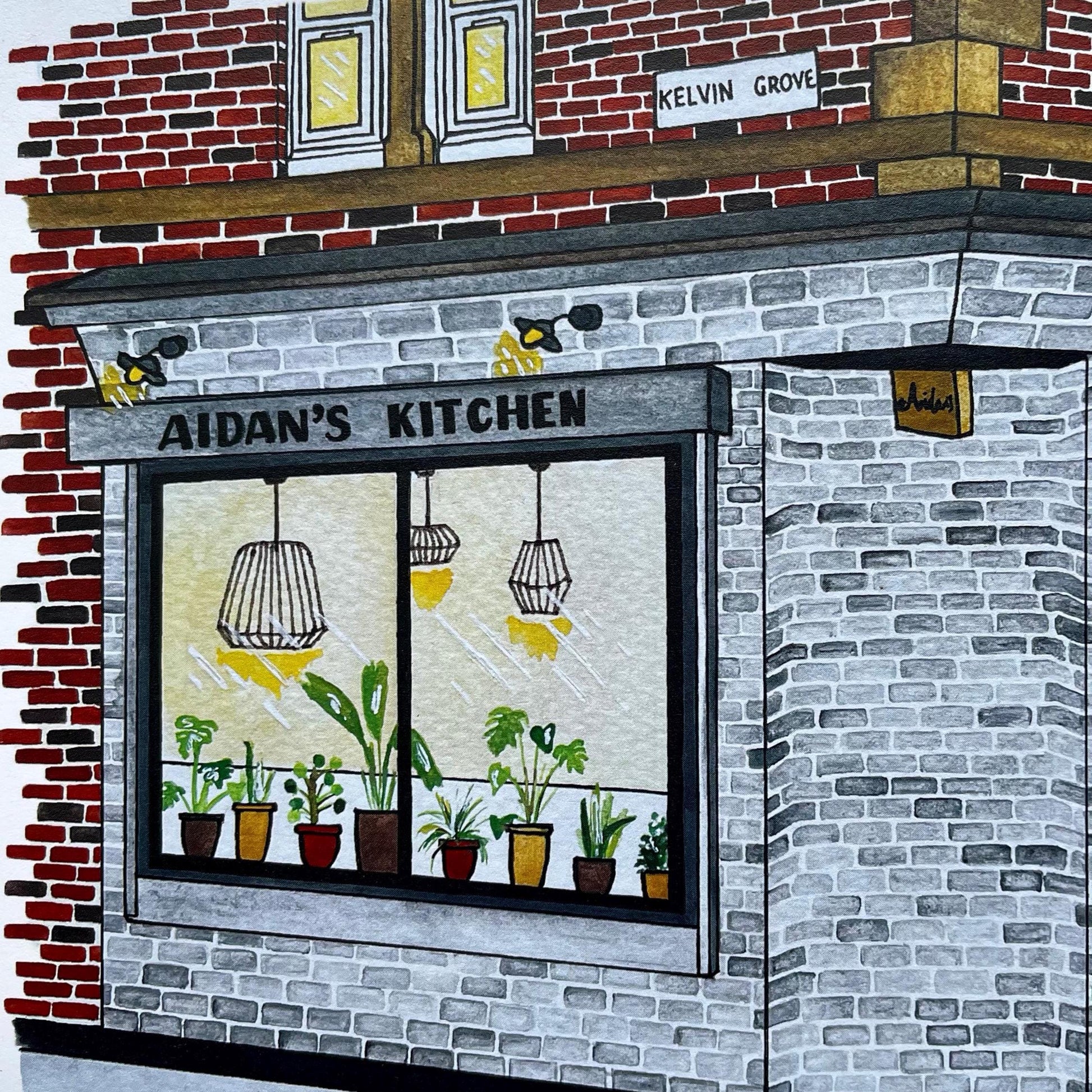 Illustration of a cafe named 'Aidan's Kitchen' with plants visible through the window, set against a brick wall.