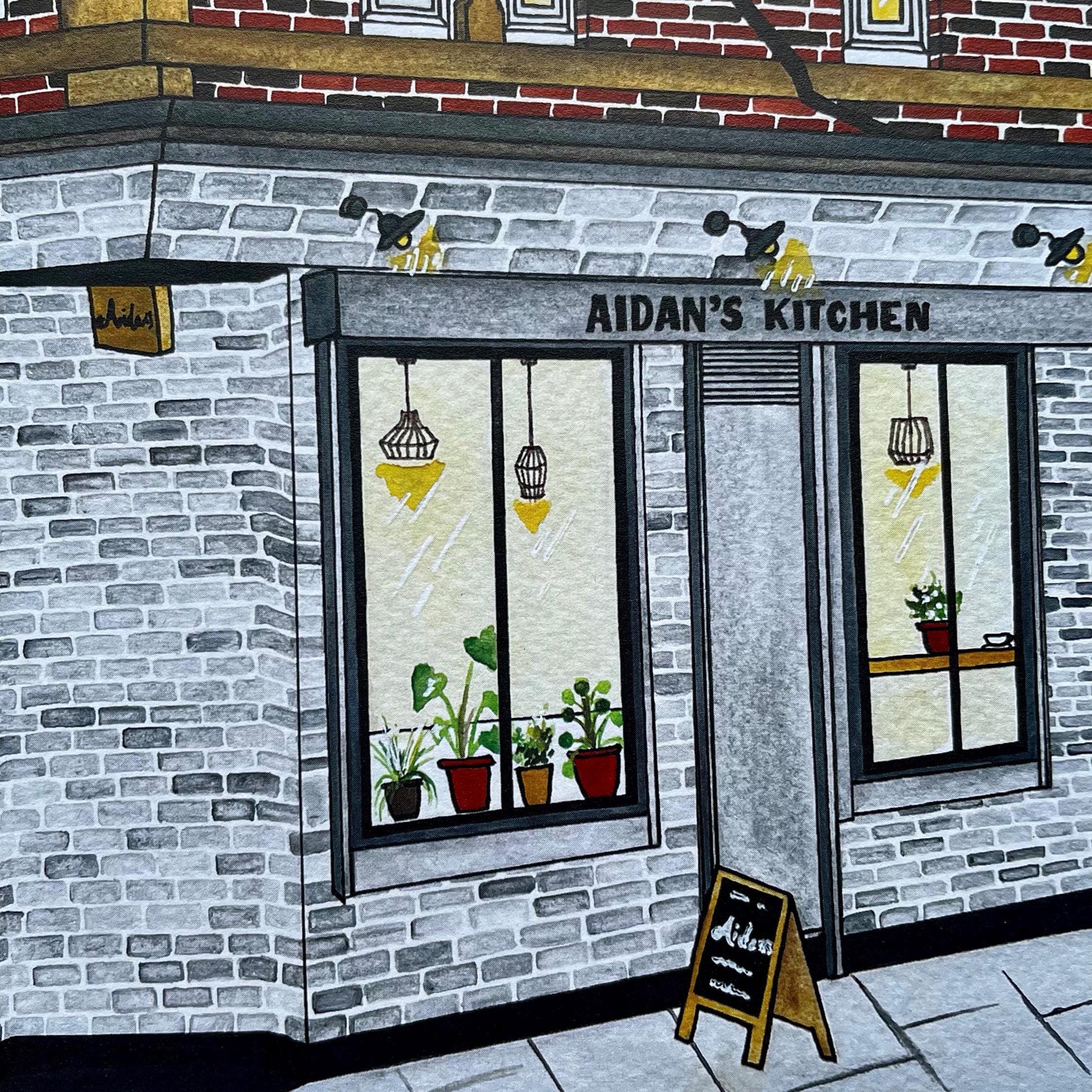 Illustration of a cafe named 'Aidan's Kitchen' with plants and a sign on a brick wall.