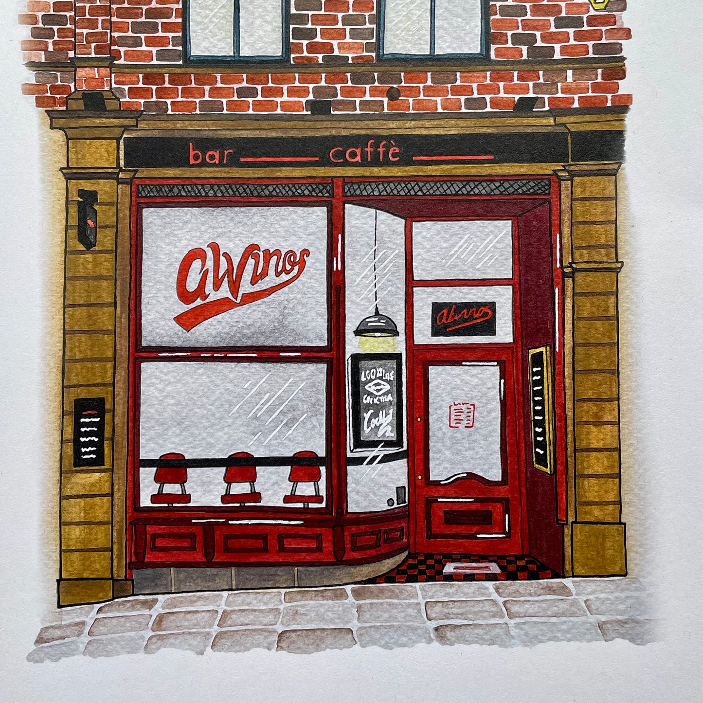 Illustration of Alvinos bar Newcastle with 'Alvinos' sign on a brick building.
