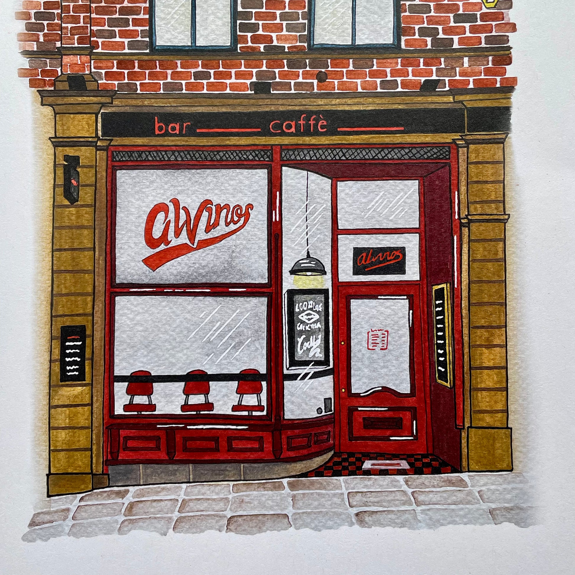 Illustration of Alvinos bar Newcastle with 'Alvinos' sign on a brick building.