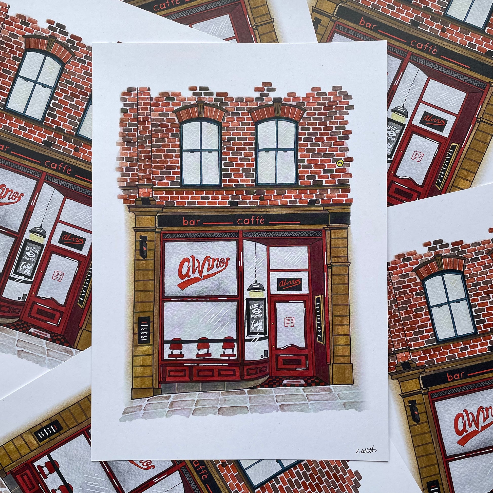 Illustration of a bar with 'Alvinos' sign on a white background