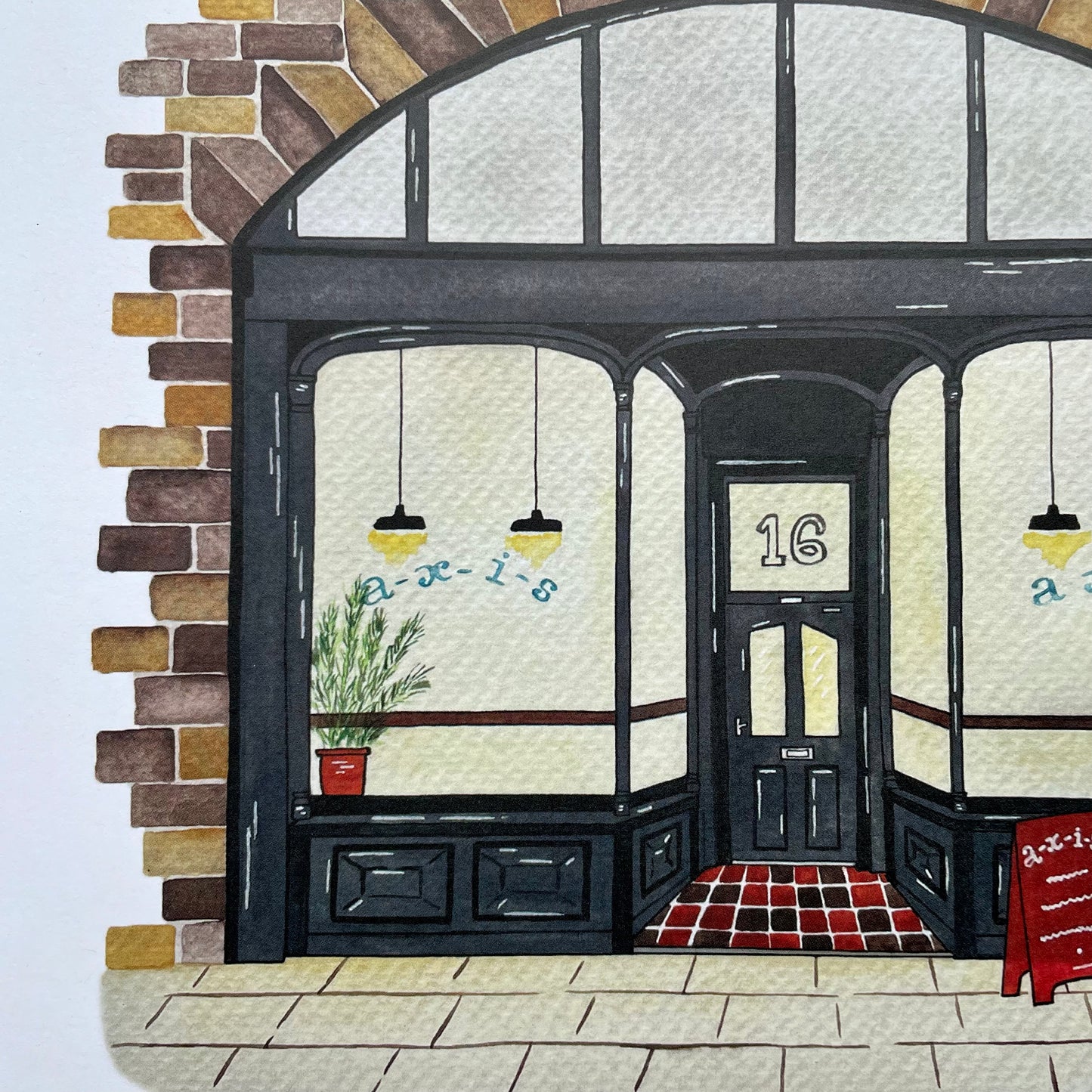 Illustration of Axis Bar, Gateshead a store front with glass windows and a door, featuring the number 16.