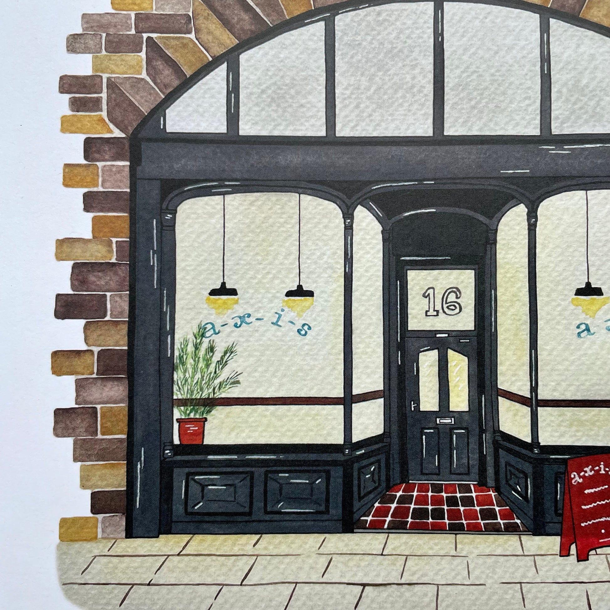 Illustration of Axis Bar, Gateshead a store front with glass windows and a door, featuring the number 16.