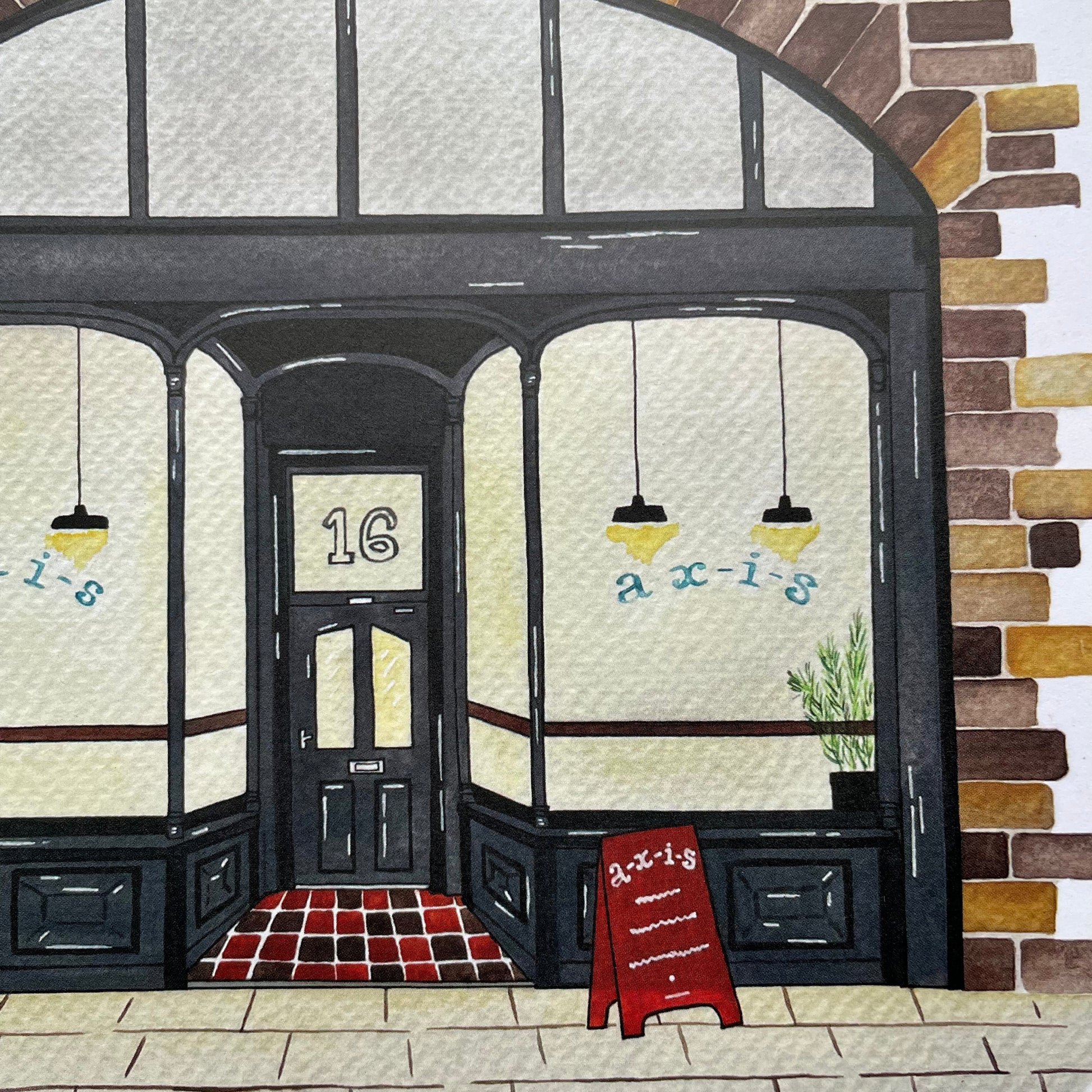 Illustration of Axis Bar, Gateshead with 'axis' branding on a brick building.