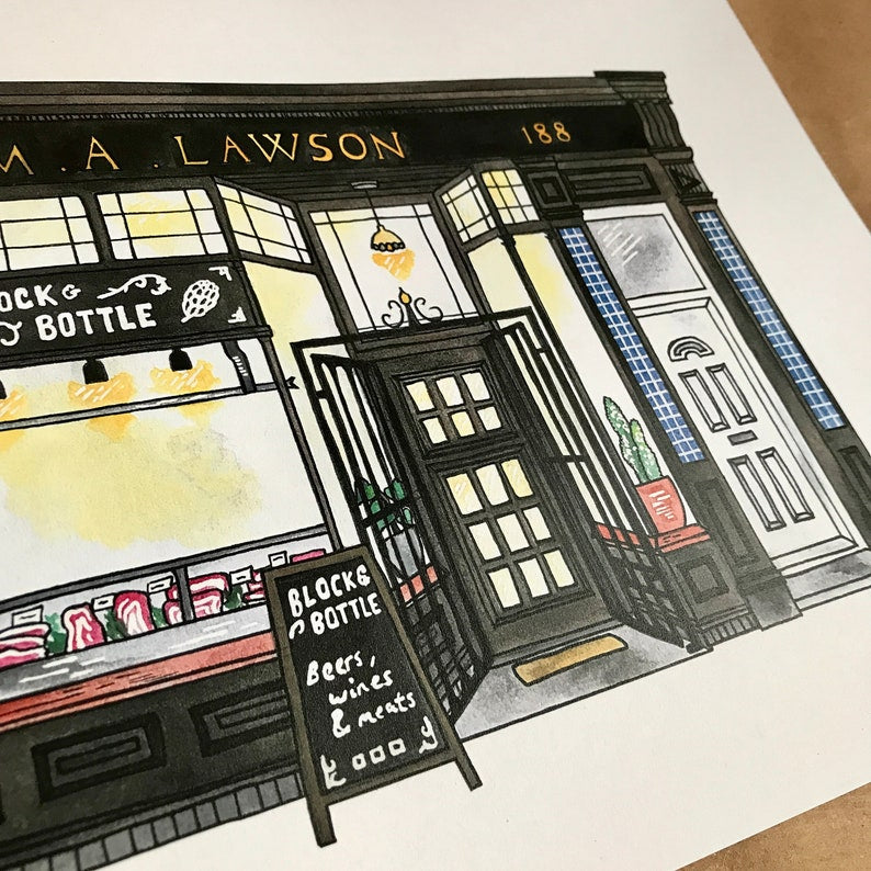 Illustration of a vintage store front with a sign for 'A. A. Lawson' and 'Block & Bottle'.