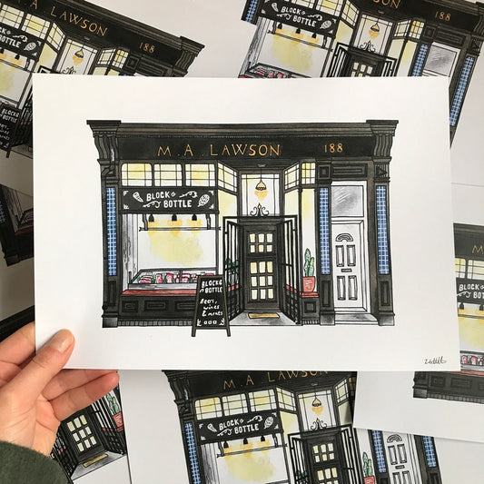 Illustration of Block and Bottle Heaton Newcastle held by a hand.