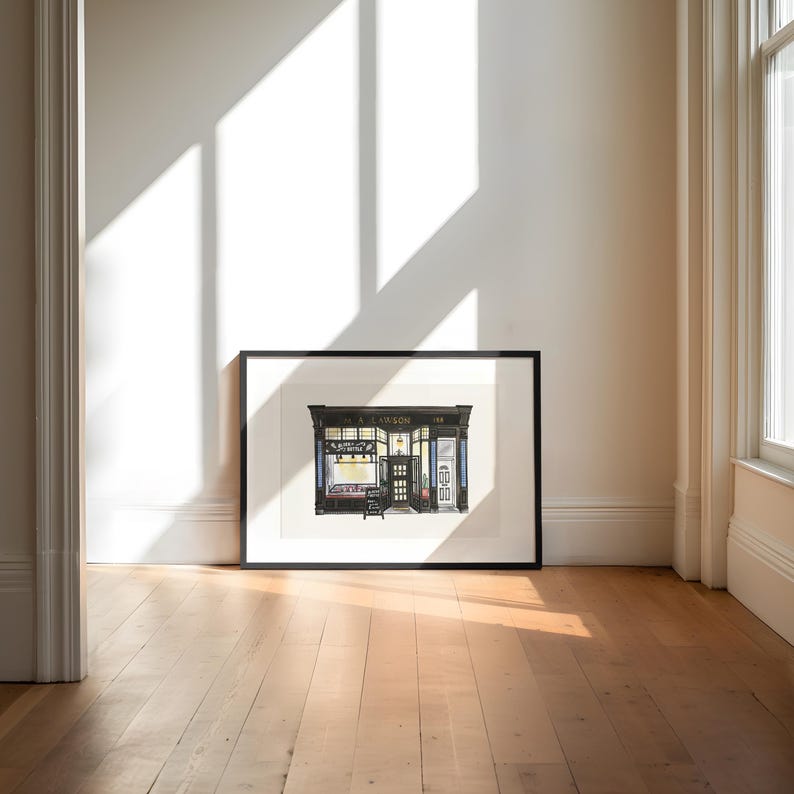 Framed print of butchers Block and Bottle in a sunlit room with wooden floor and white walls