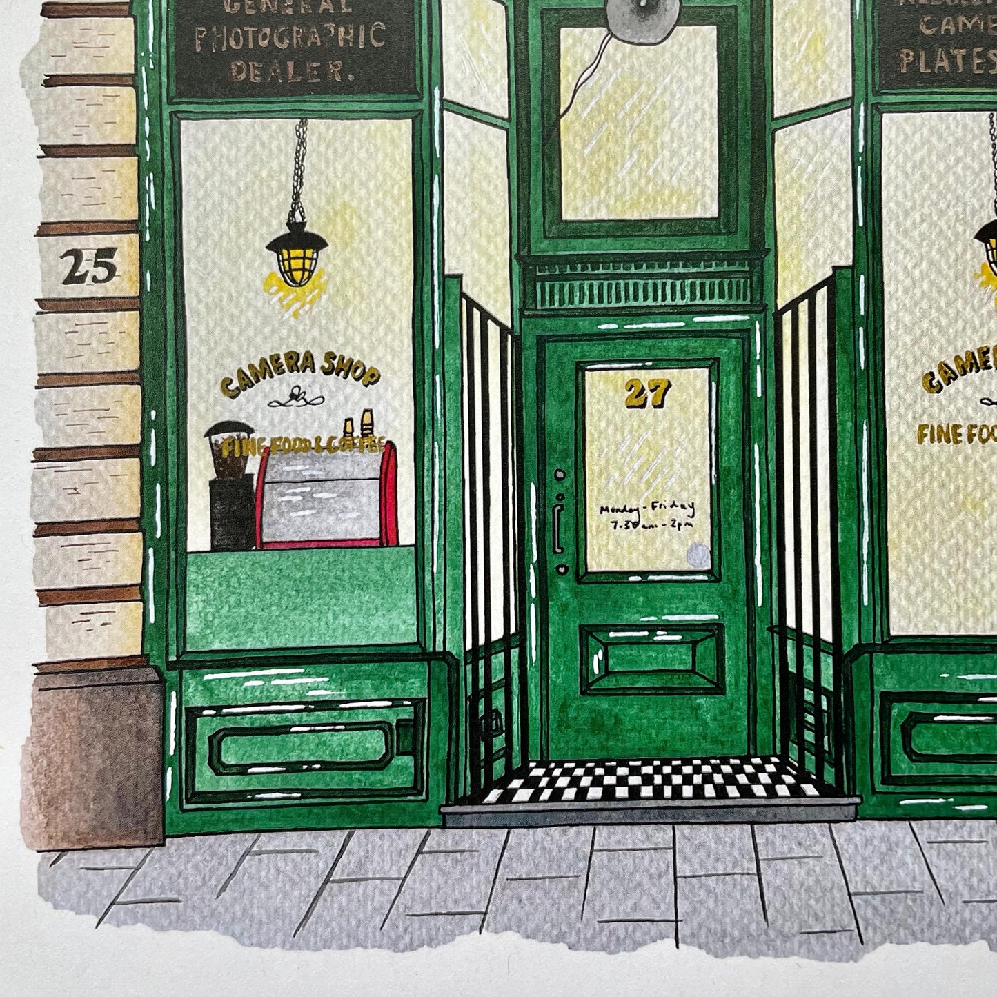 Illustration of a vintage camera shop with green doors and window displays.