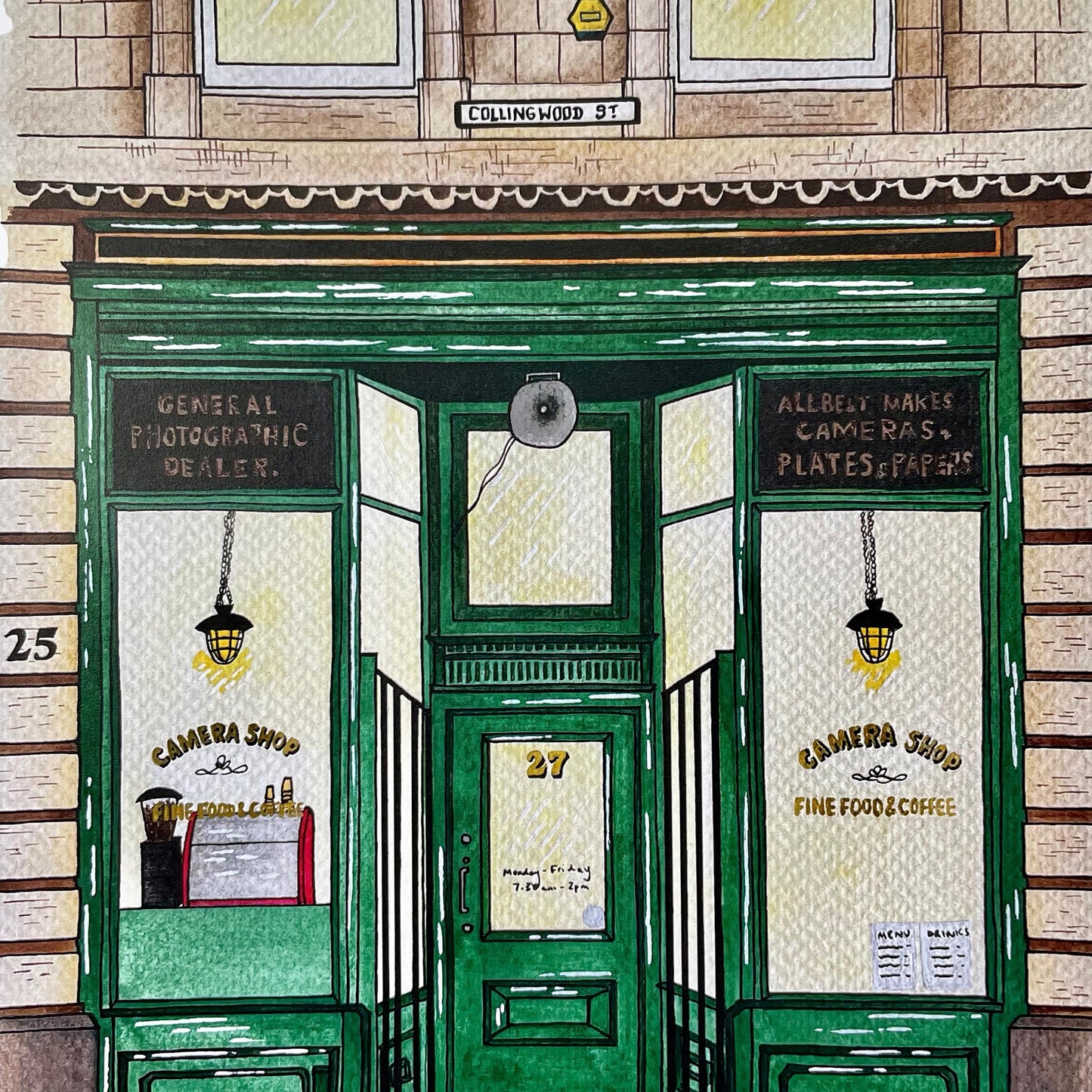 Illustration of a vintage camera shop with green doors and glass windows.
