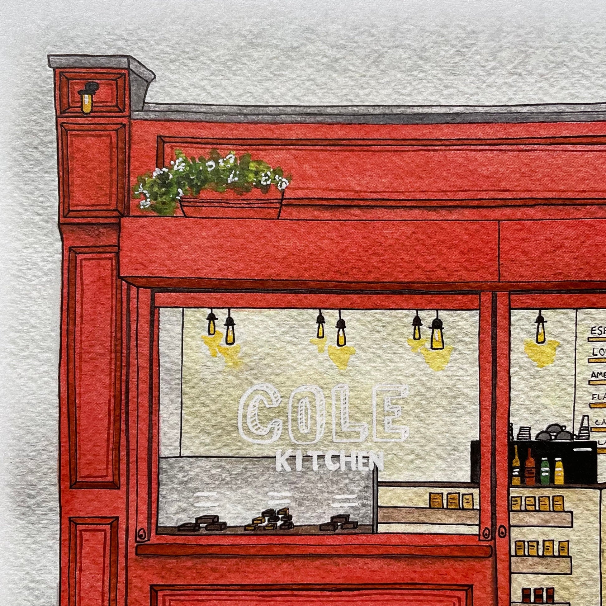 Illustration of a red kitchen counter with 'Cole Kitchen' sign
