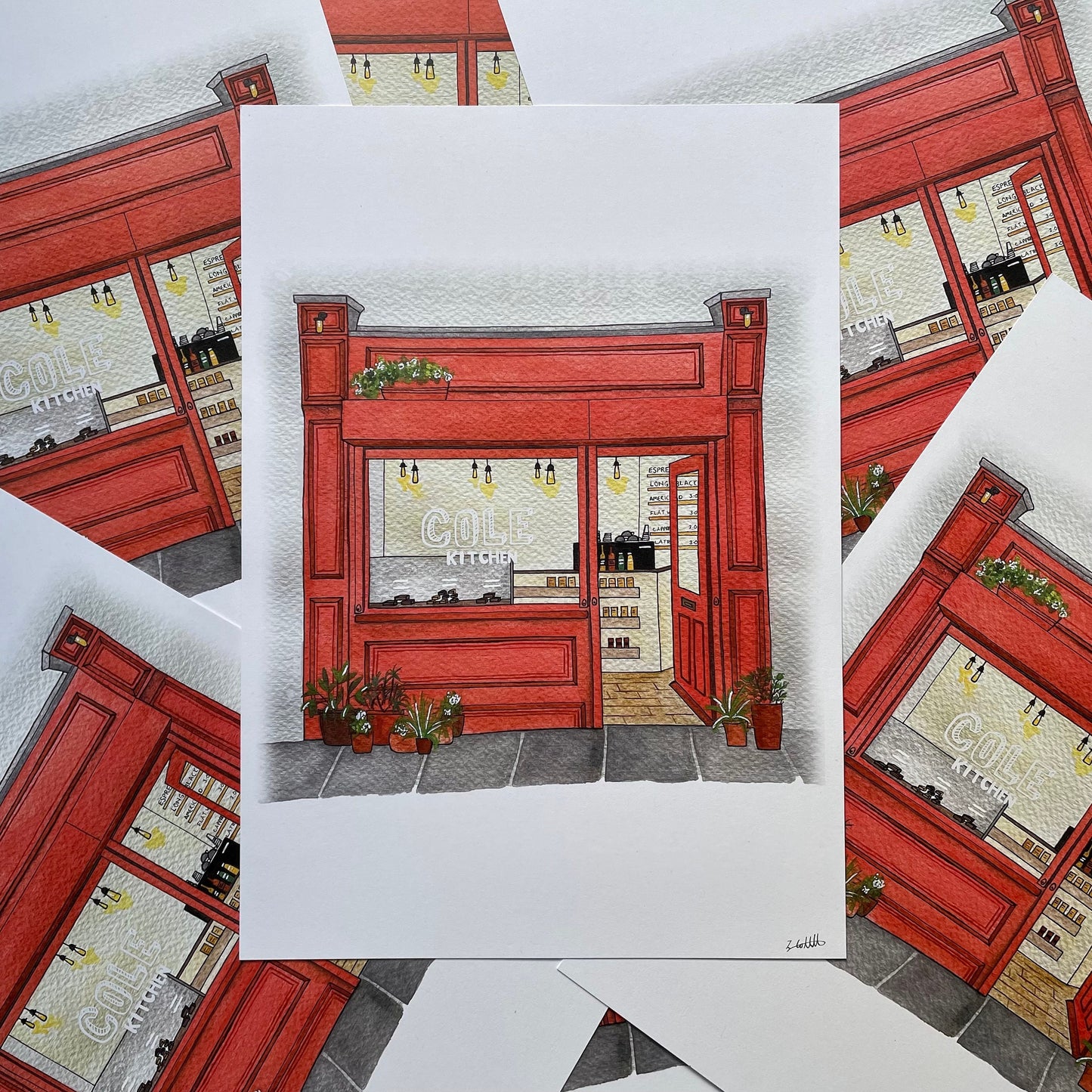 Illustration of a red shop front with plants in front, surrounded by multiple copies of the same image.