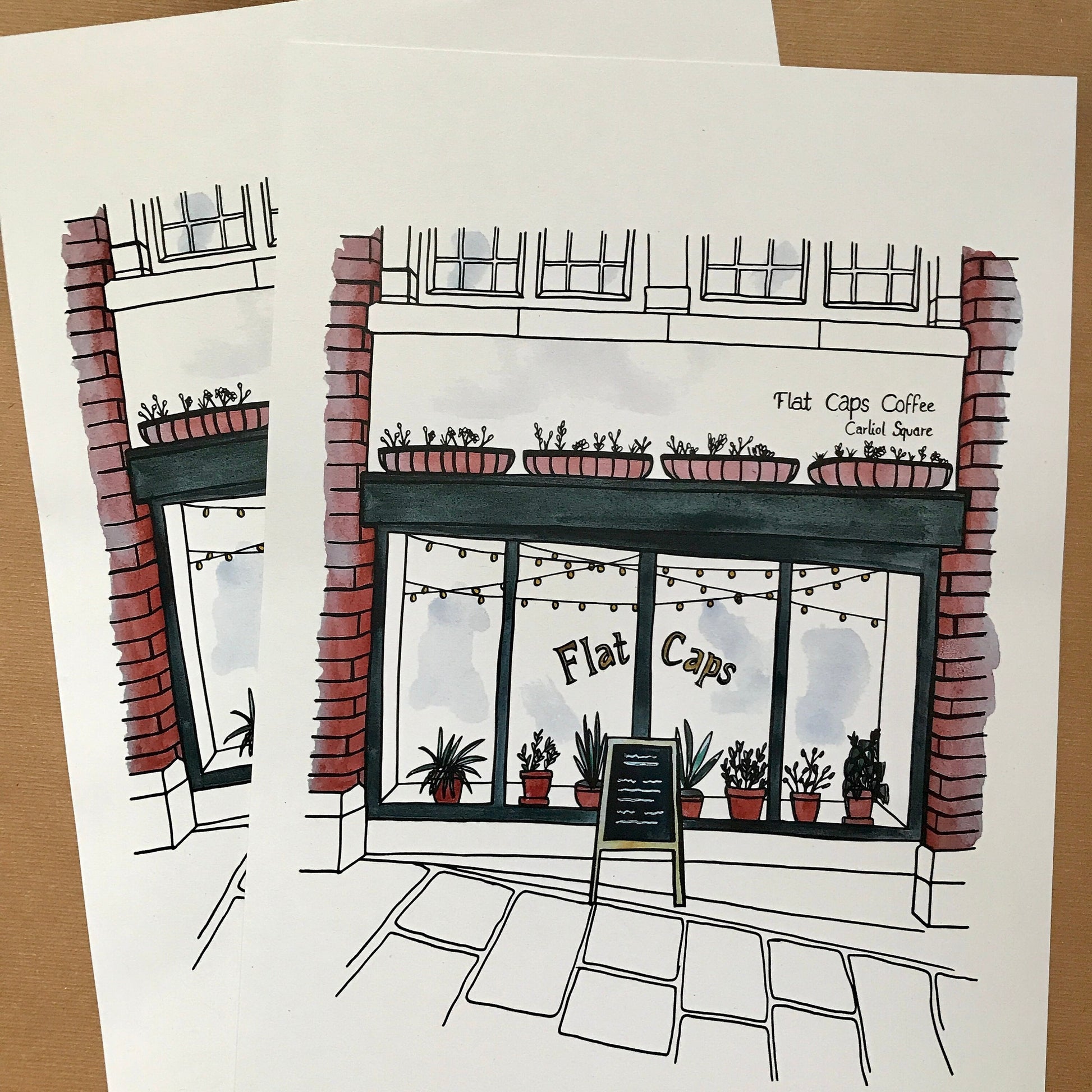 Illustration of a coffee shop named 'Flat Caps' with plants and seating area.