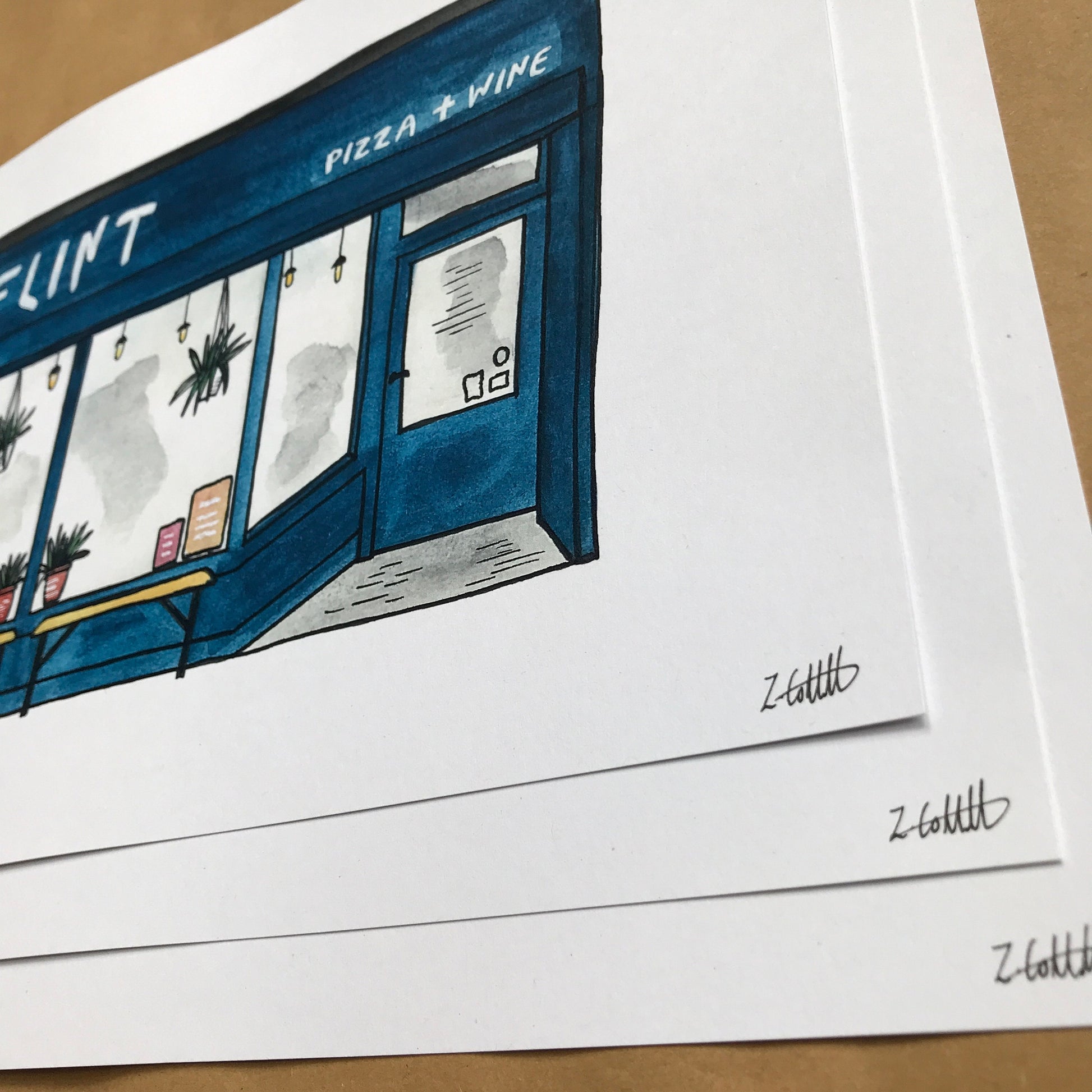 Illustration of a pizza and wine shop with 'Flint' branding on a white background.