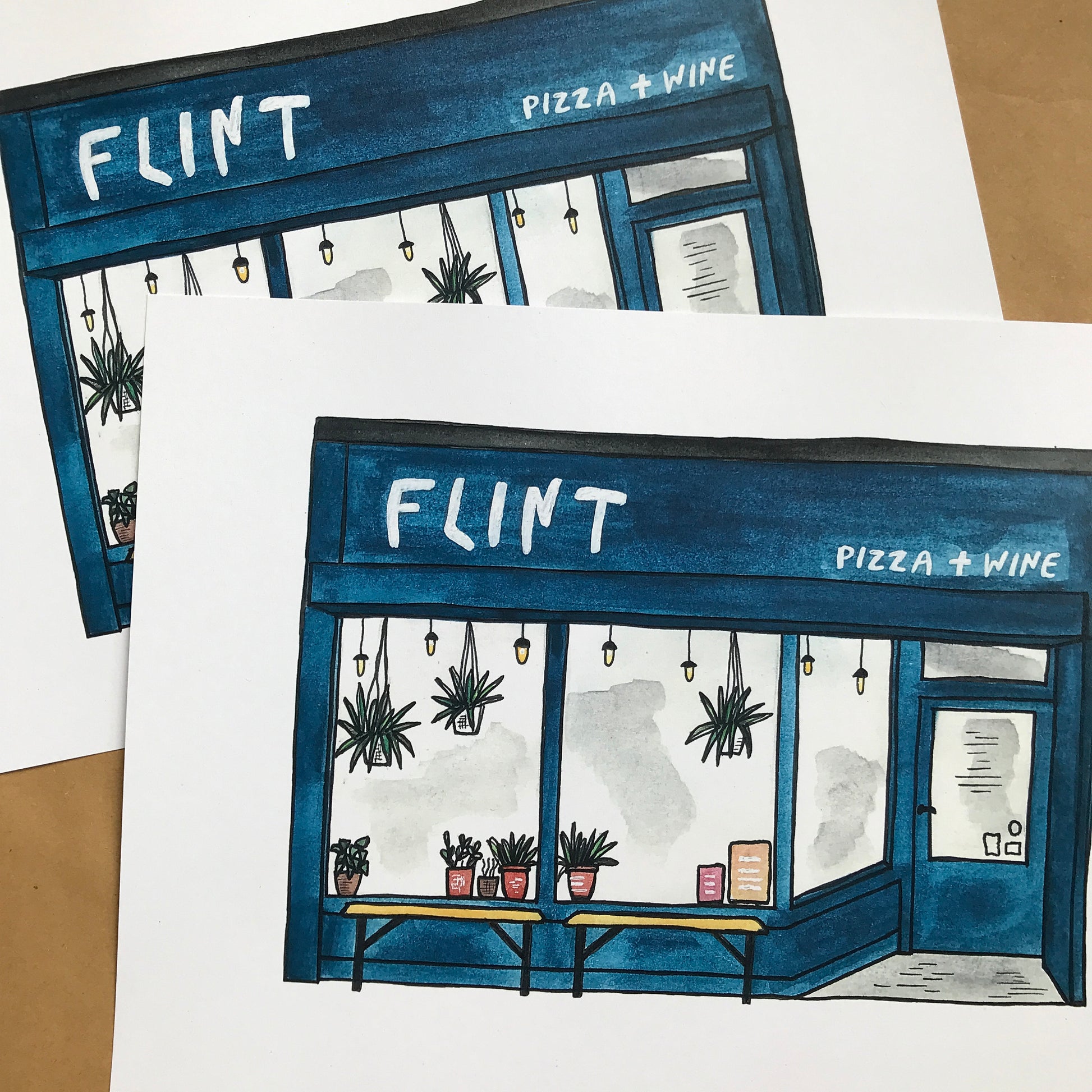 Illustration of a pizza and wine shop named 'Flint' with a blue facade.