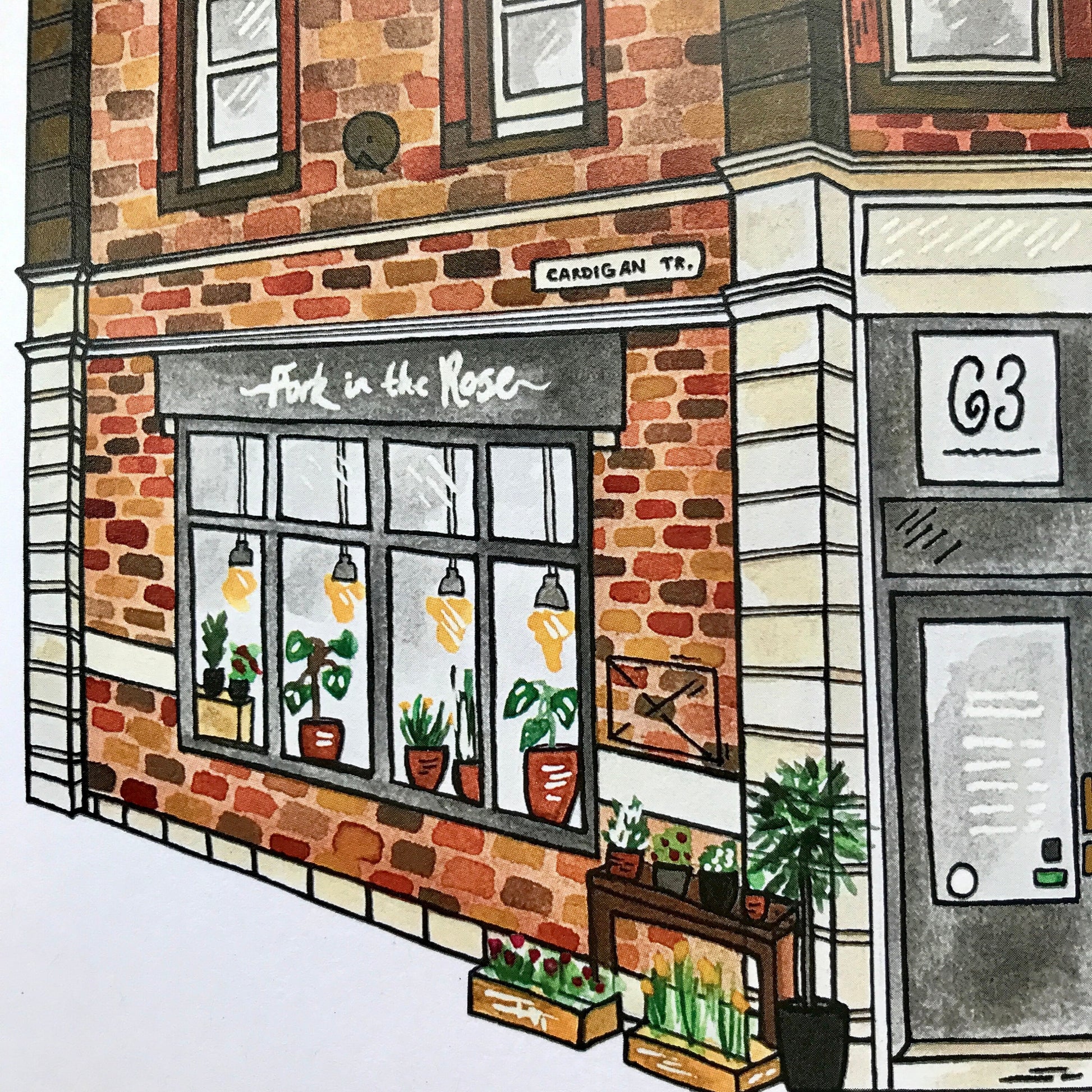 Illustration of a brick building with a storefront named 'Fork in the Rose' featuring plants and lights.