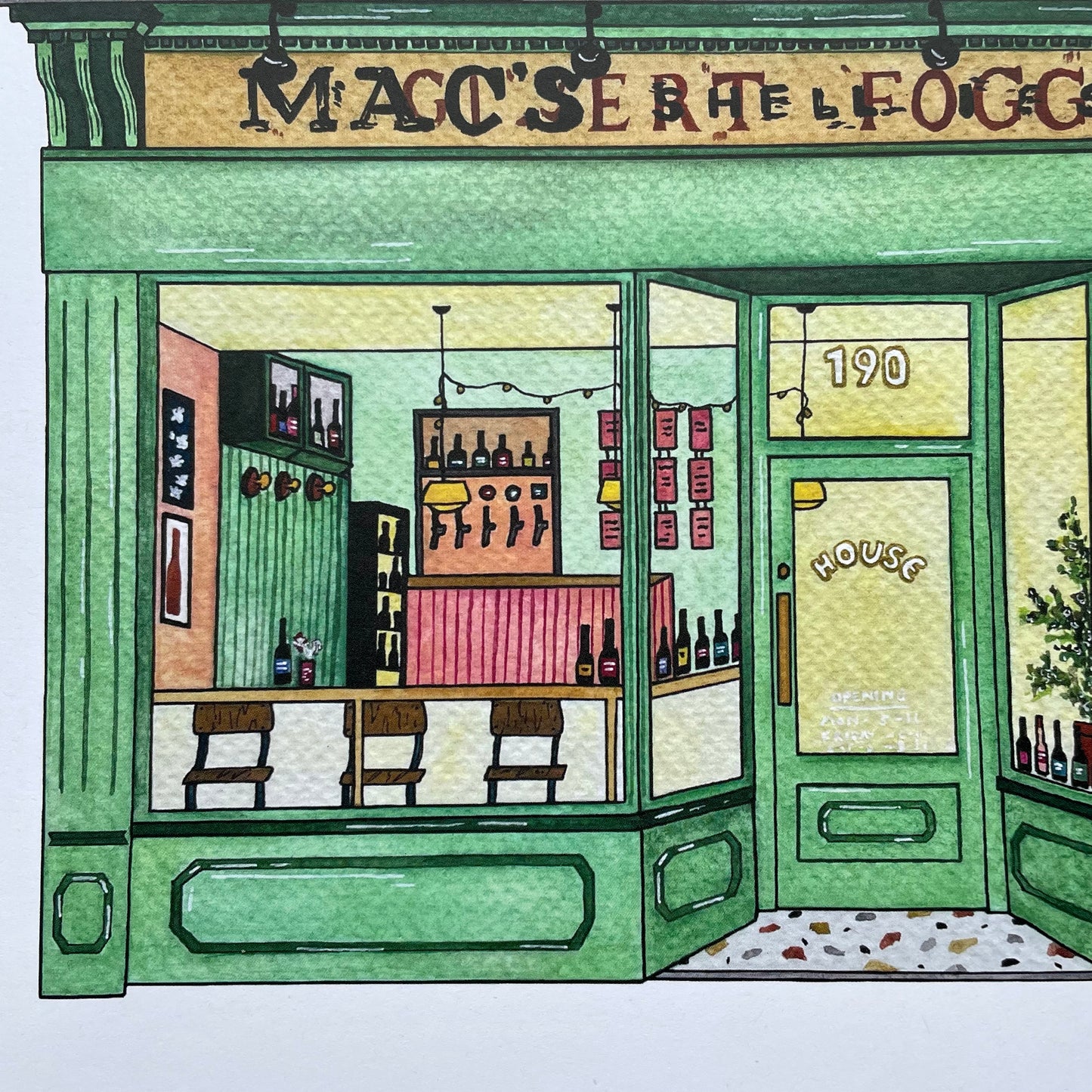 Illustration of House bar with 'Macc's Rete L'Foco' sign and interior view.