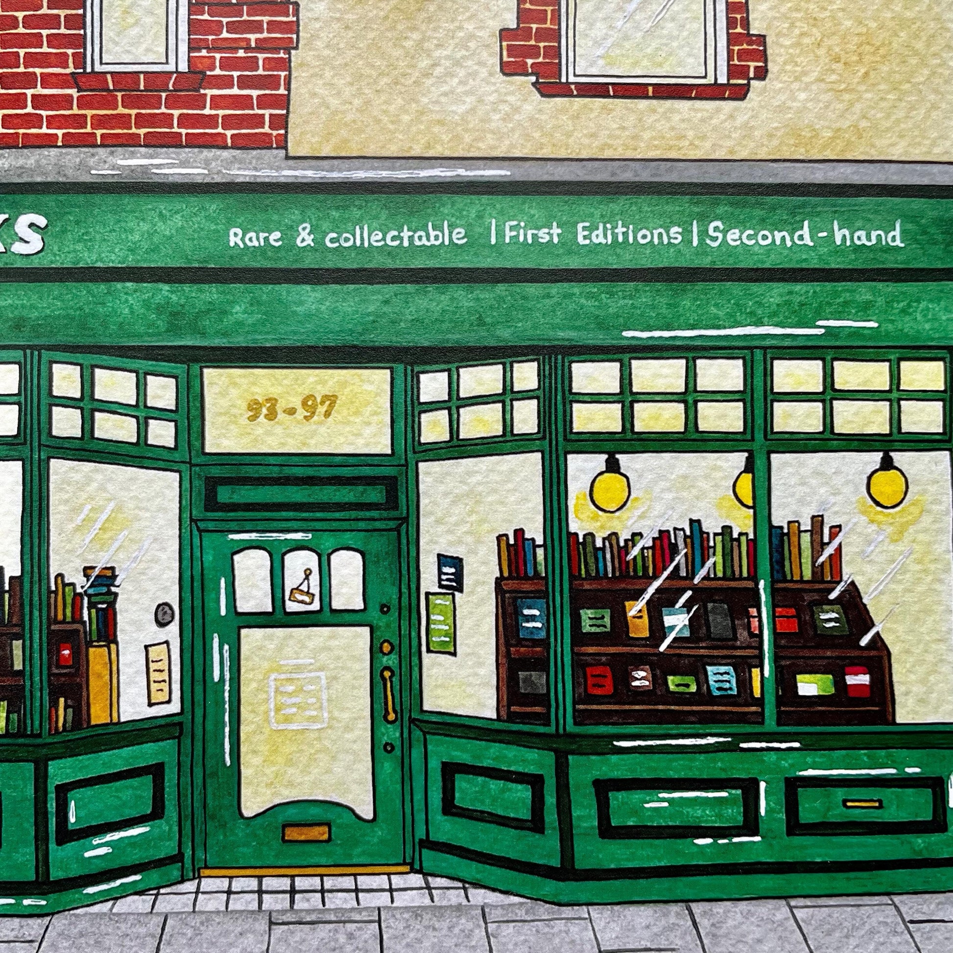 Illustration of a bookshop with green facade and window display.