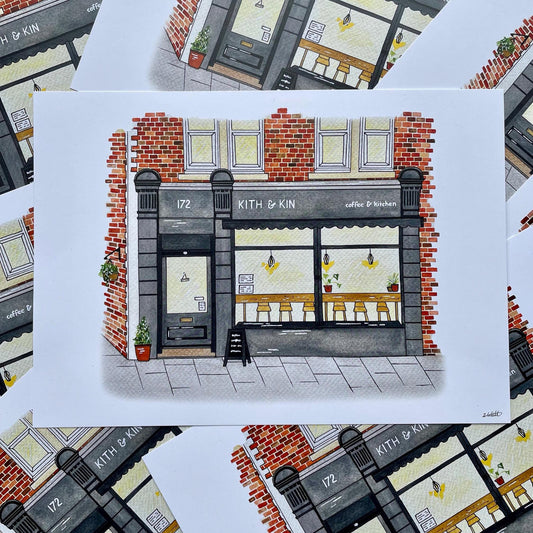 Illustration of a coffee shop named 'Kith & Kin' on a white card with a patterned background.