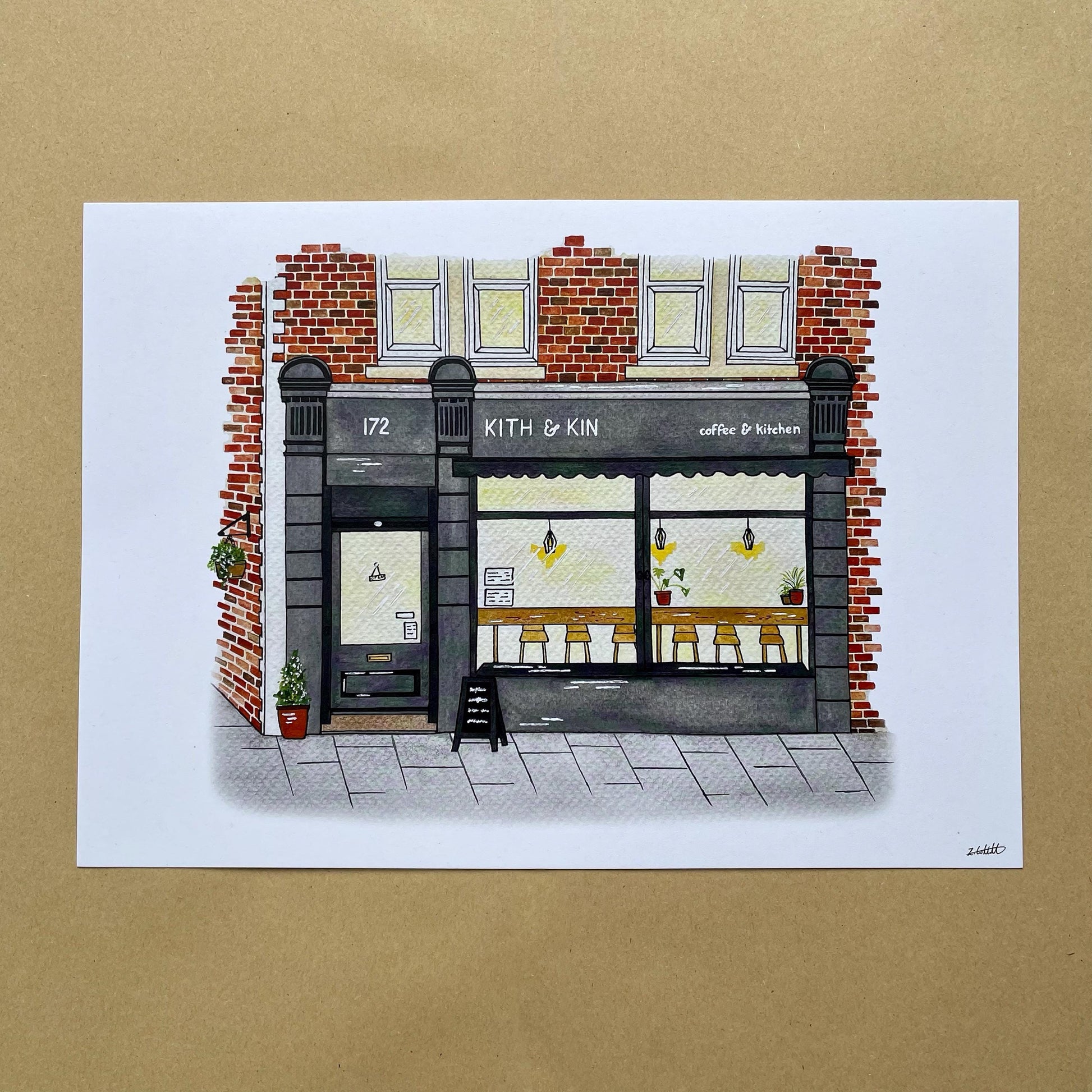 Illustration of a coffee shop named 'Kith & Kin' on a white background