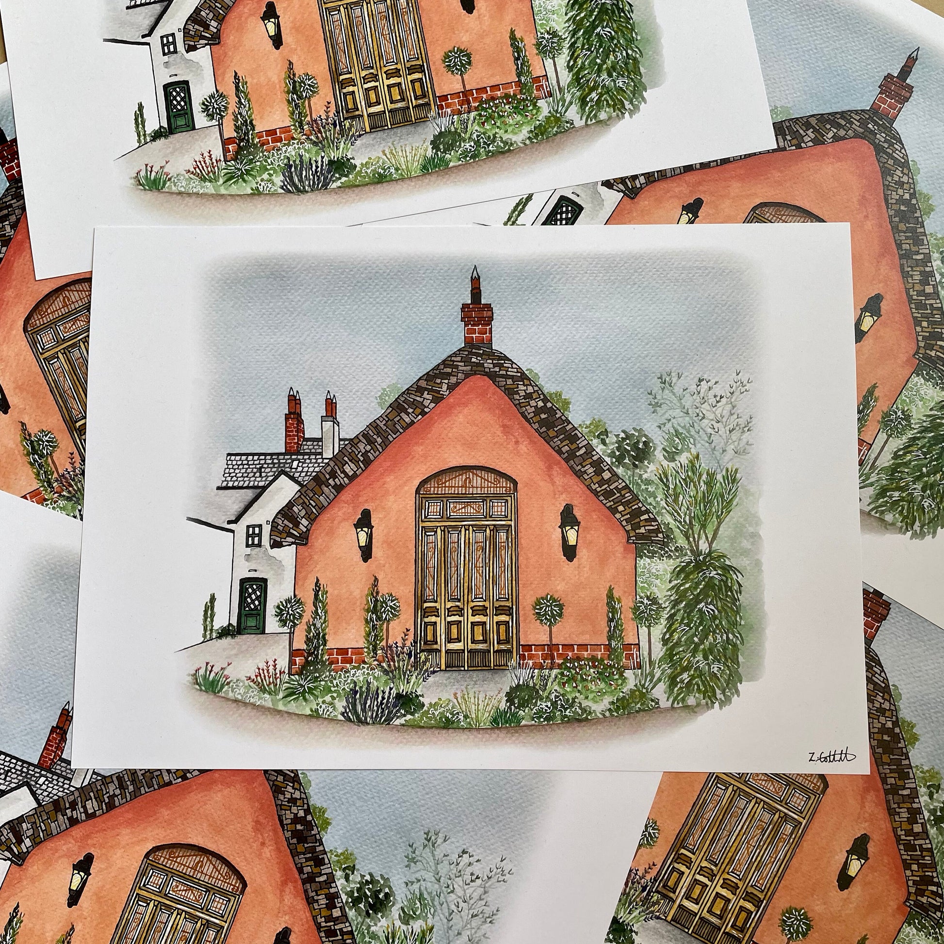 Illustration of a pink house with a brown roof on a white background, surrounded by other similar illustrations.