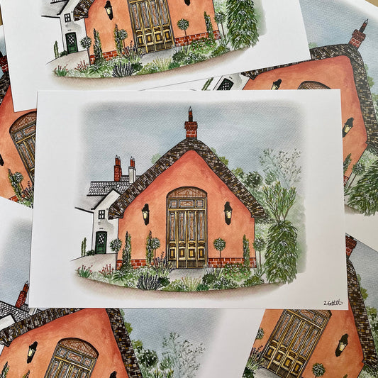 Illustration of a pink house with a brown roof on a white background, surrounded by other similar illustrations.