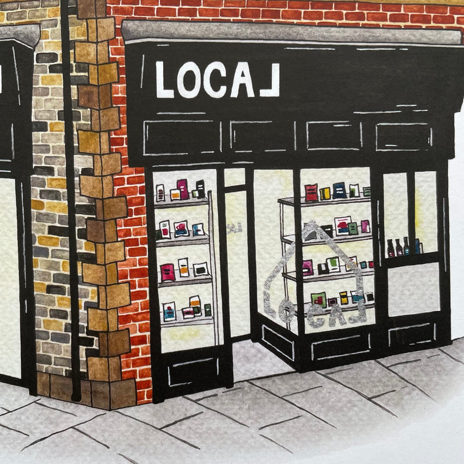 Illustration of a coffee shop front with 'LOCAL' branding on a brick wall.