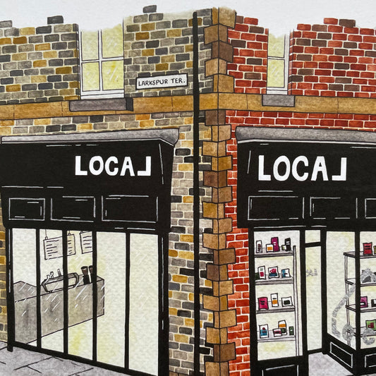 Watercolour painting of Local coffee shop Jesmond, Newcastle showing interior of shop