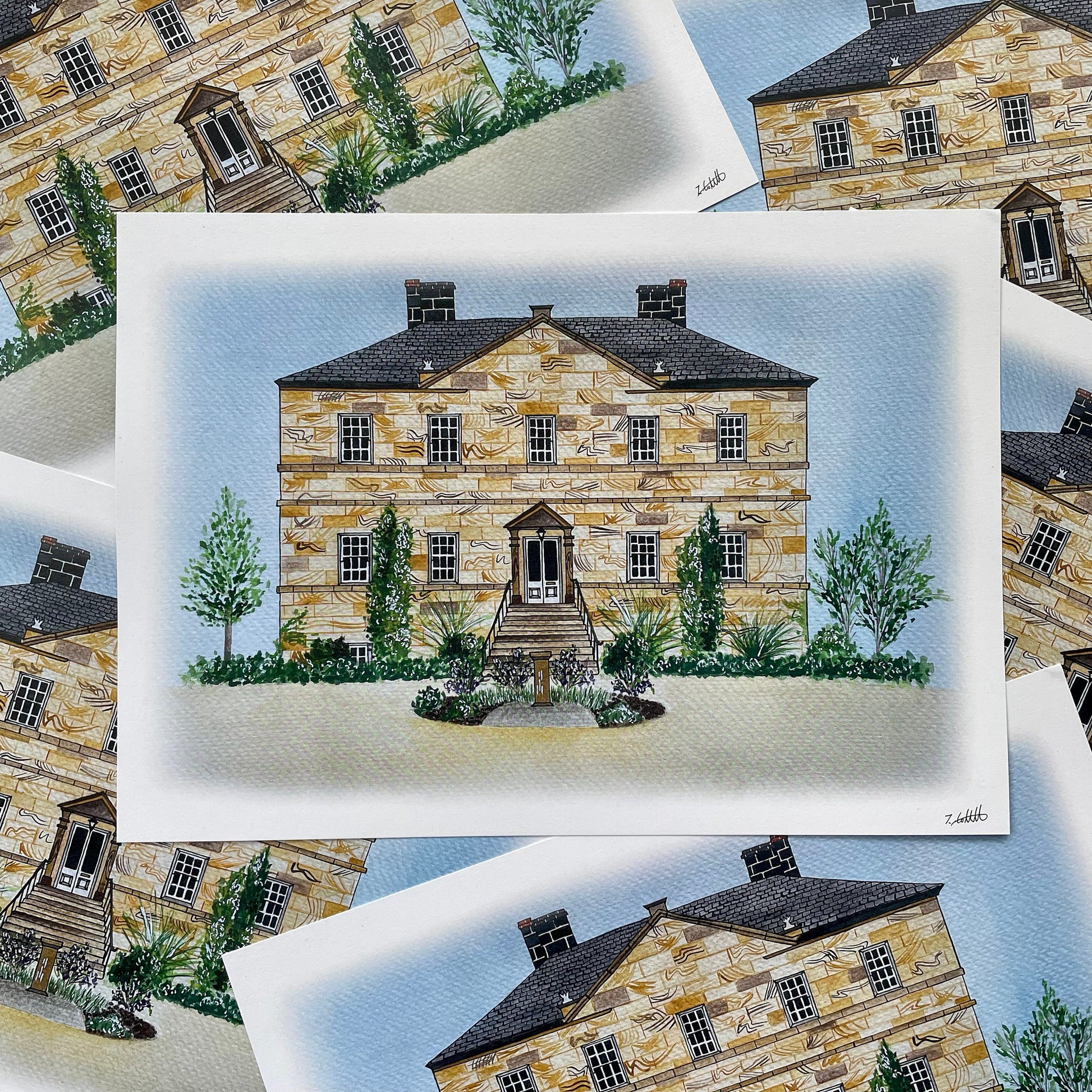 Collage of a large stone house with trees and a garden on a white background.