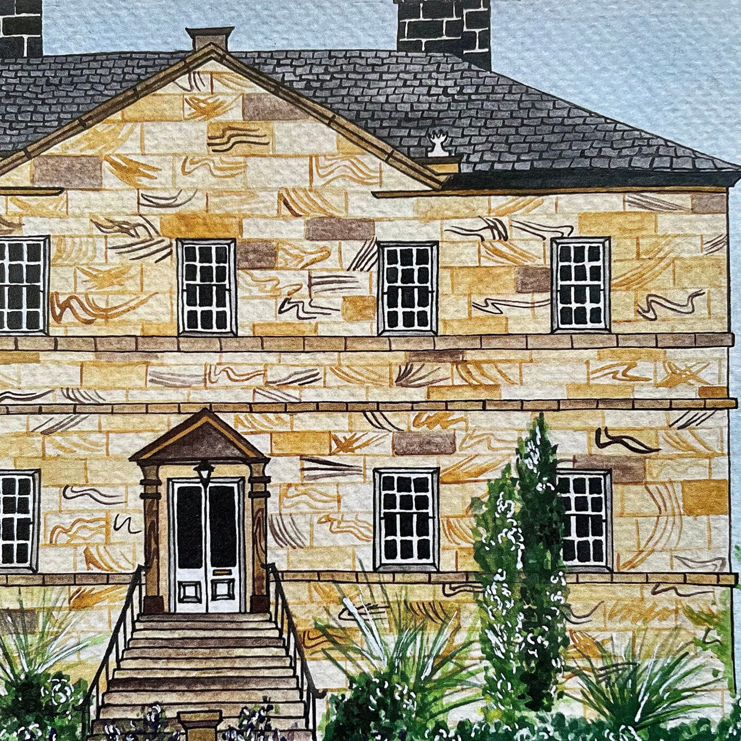 Artistic depiction of a two-story building with decorative elements on the facade.