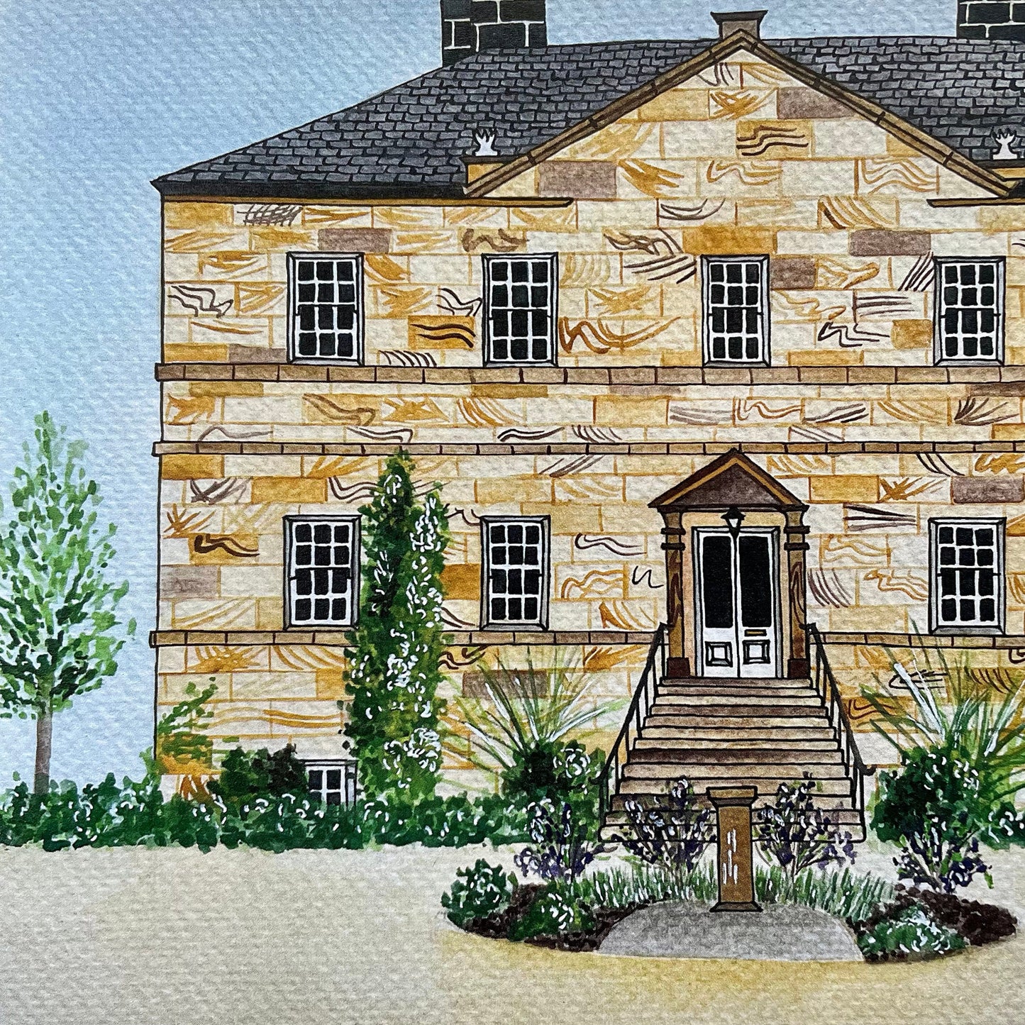 Illustration of a large stone house with decorative elements on the facade.