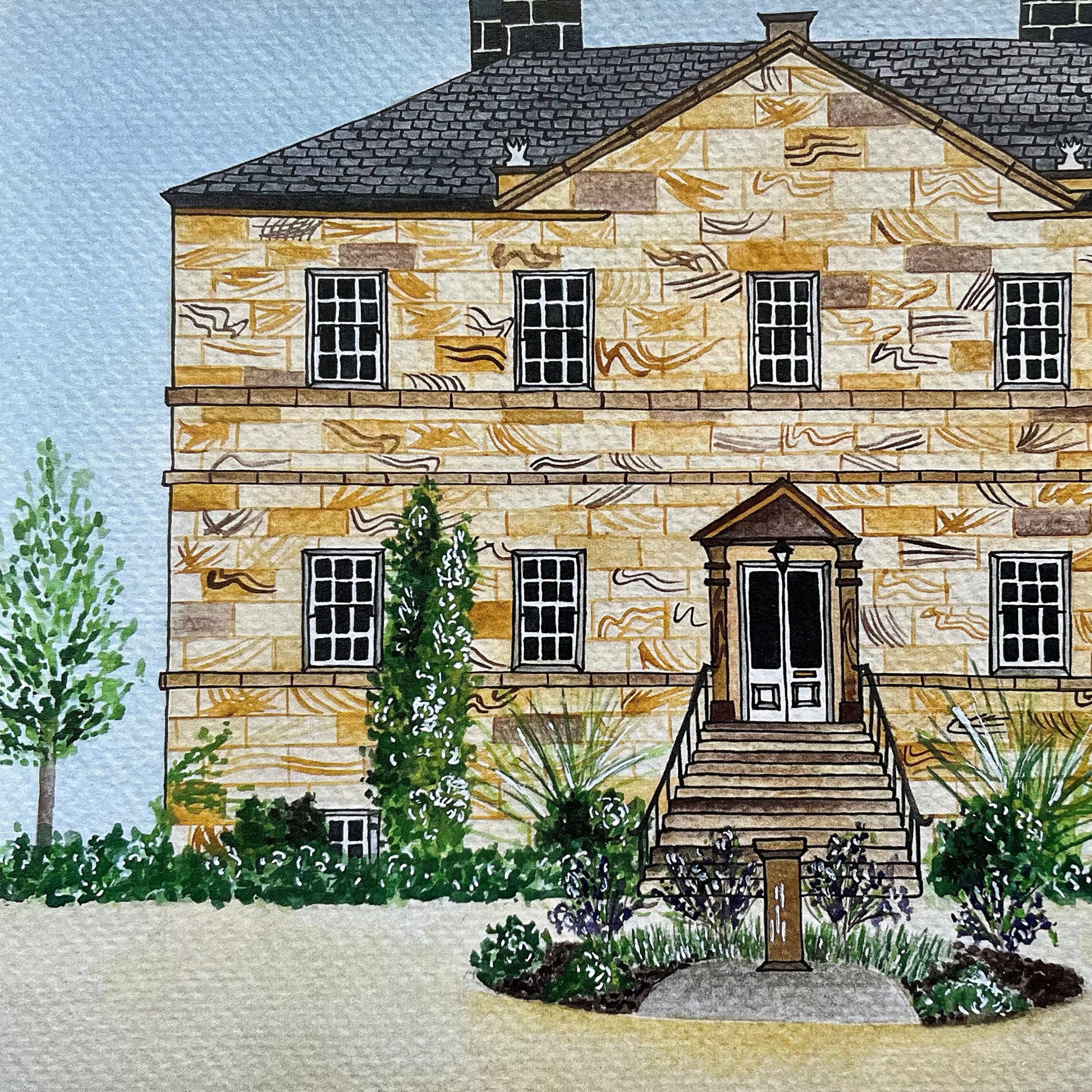 Illustration of a large stone house with decorative elements on the facade.