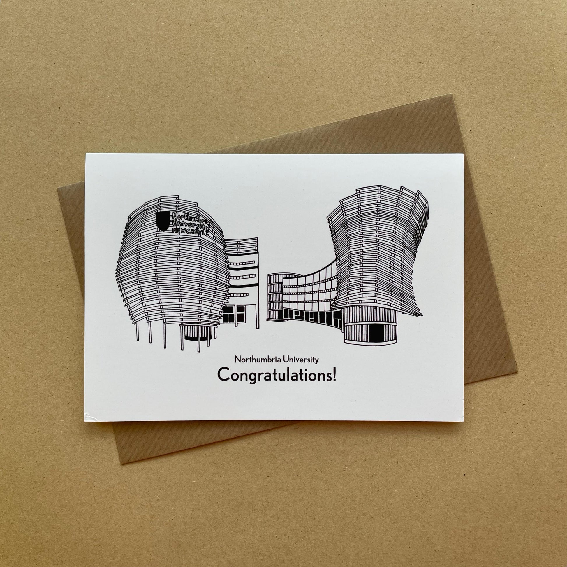 Greetings card with architectural illustration of northumbria university and 'Congratulations!' text 