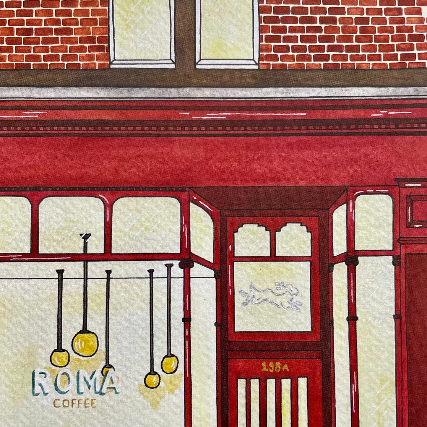 Illustration of a red building facade with 'Roma Coffee' branding.