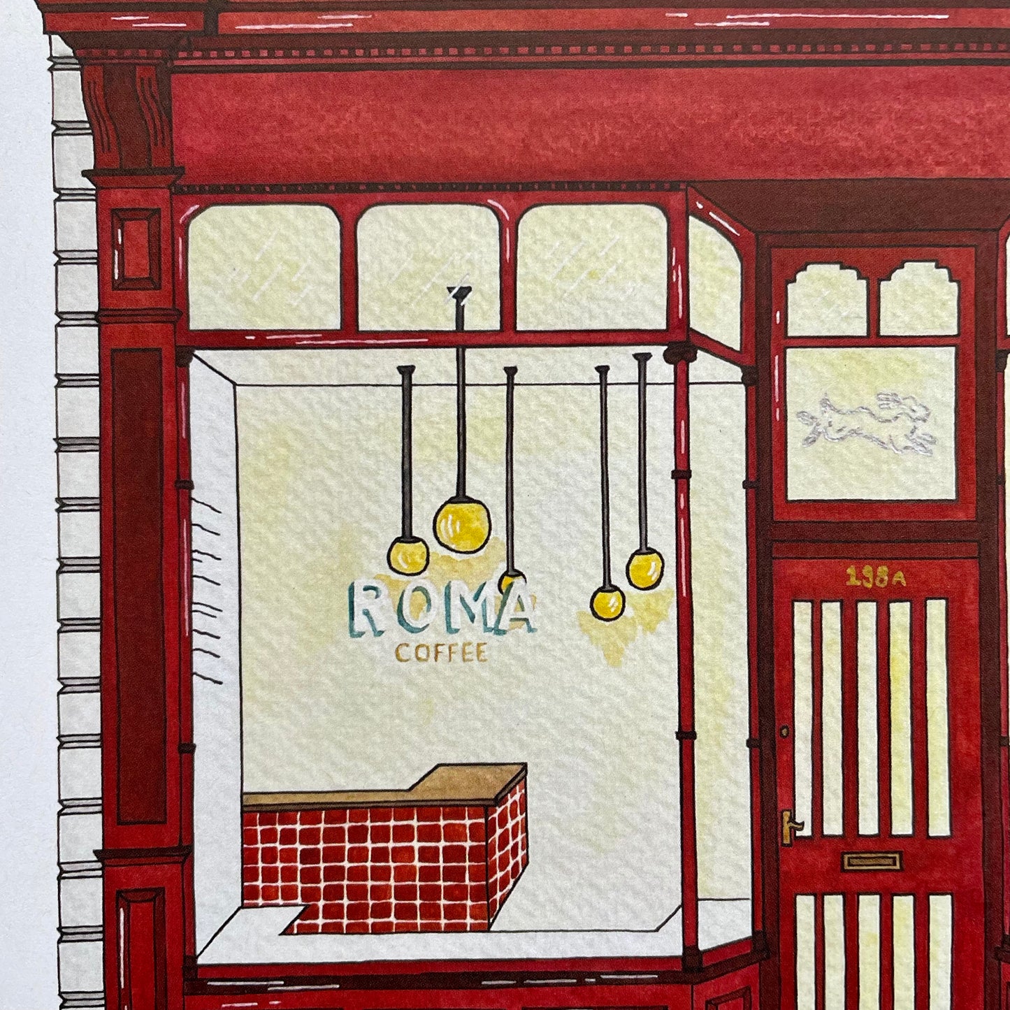 Watercolour illustration of Roma coffee Heaton showing ROMA signage and interior of cafe