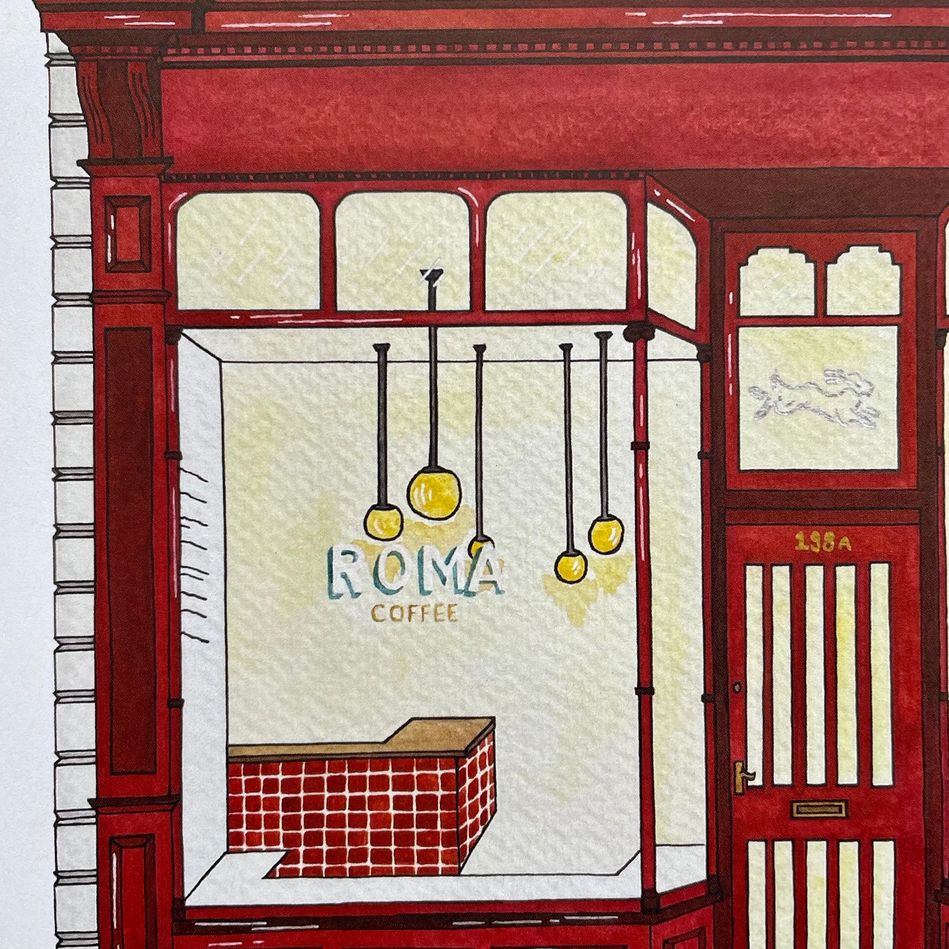 Watercolour illustration of Roma coffee Heaton showing ROMA signage and interior of cafe