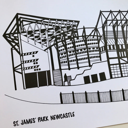 Black and white illustration of St. James' Park Newcastle on a light blue background