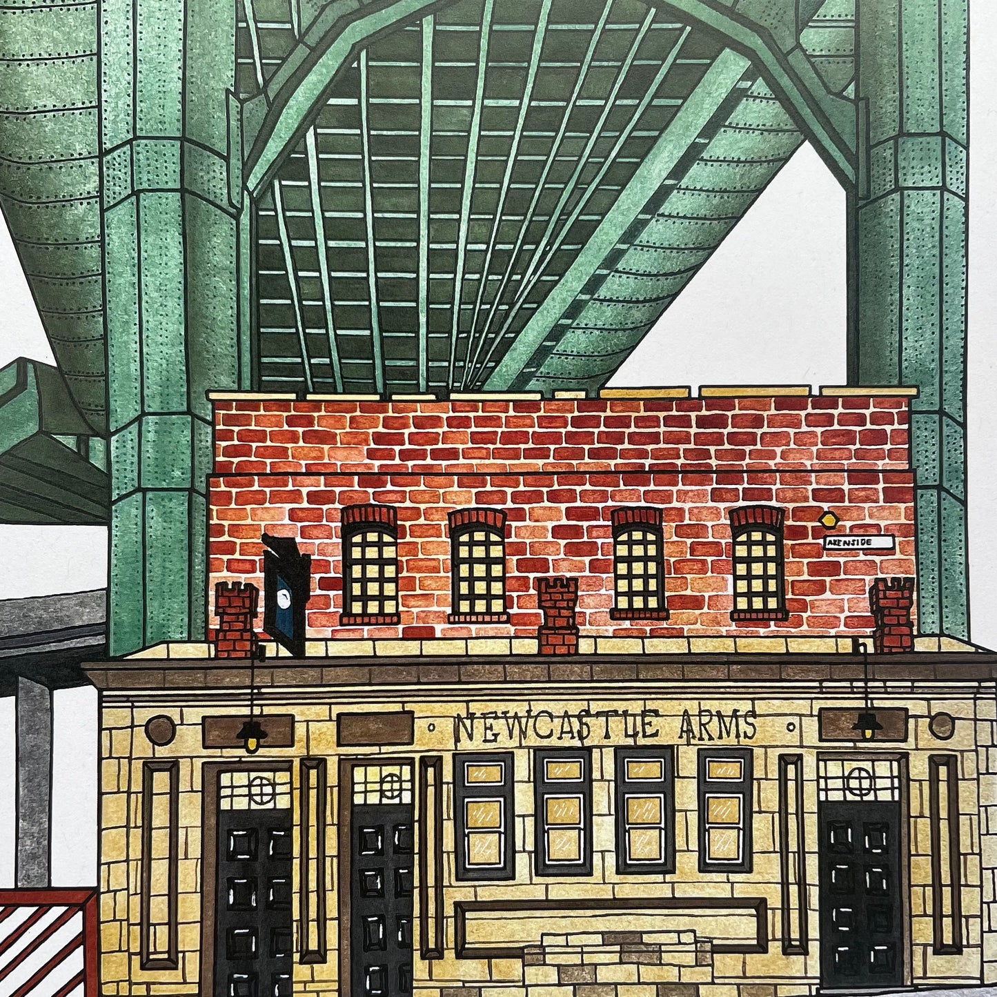 Illustration of a building with 'Newcastle Arms' sign under a large archway.