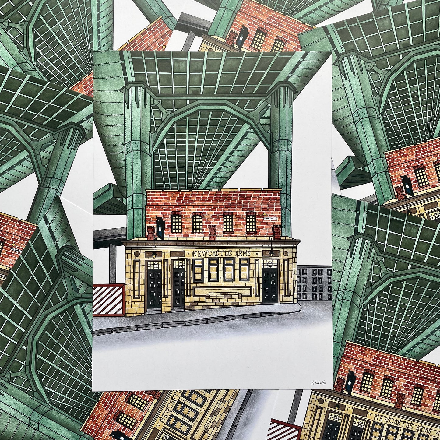 Illustration of a building under a large green bridge the Tyne bridge