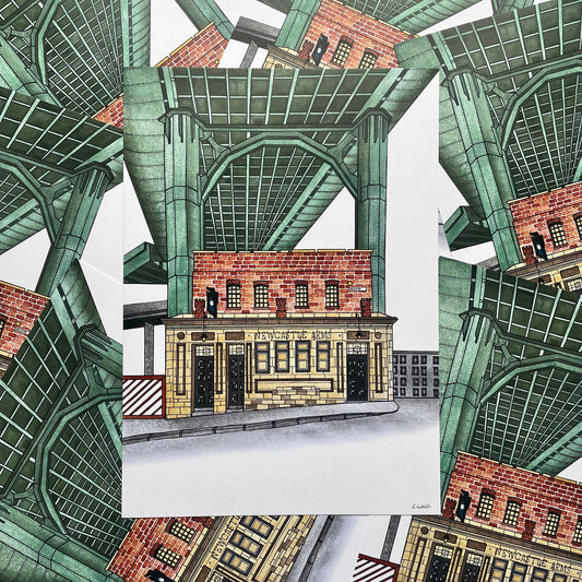 Illustration of a building under a large green bridge the Tyne bridge